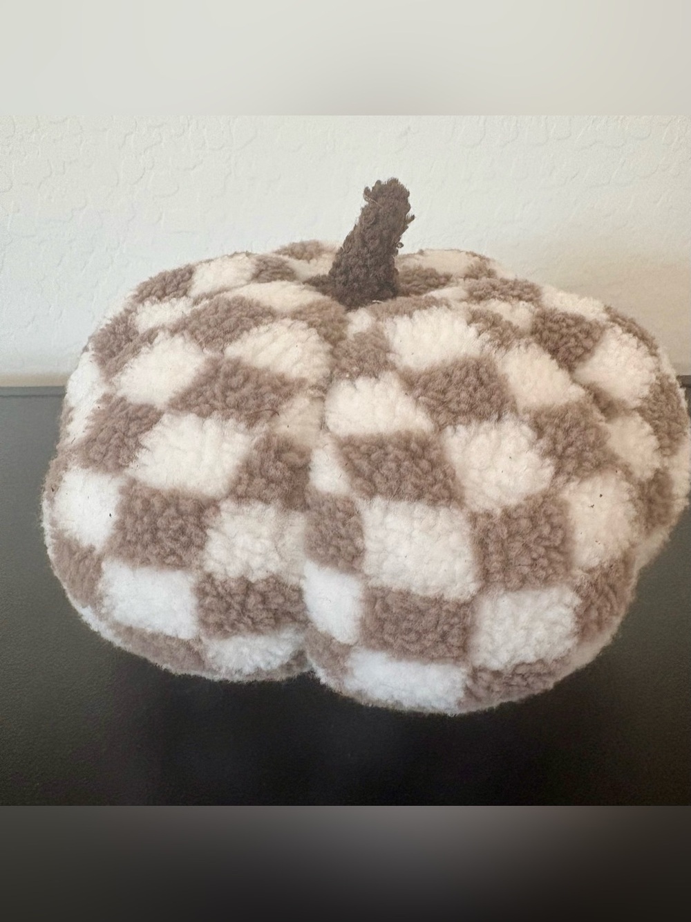 Cozy Checker Plush Pumpkin Pillow - White and Taupe